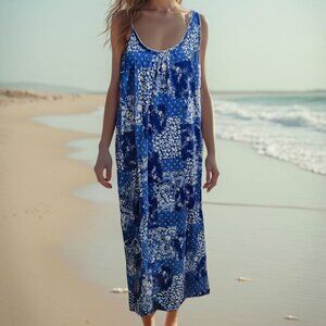 Lauren Ralph Lauren Dress Blue White Patchwork Print Side Slits Sleeveless XL